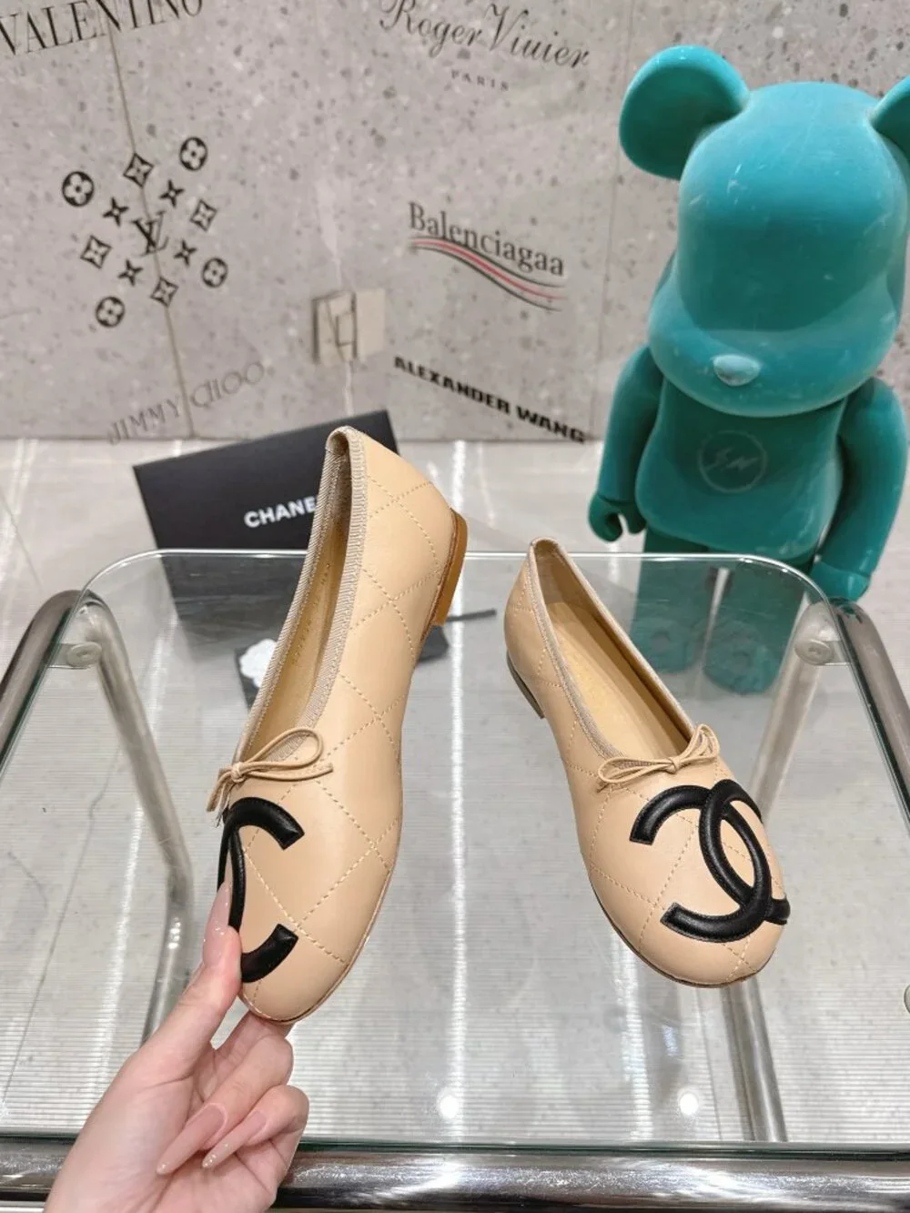 Chanel Flats Beige Quilted Leather Oversized CC Bow Ballet Flats